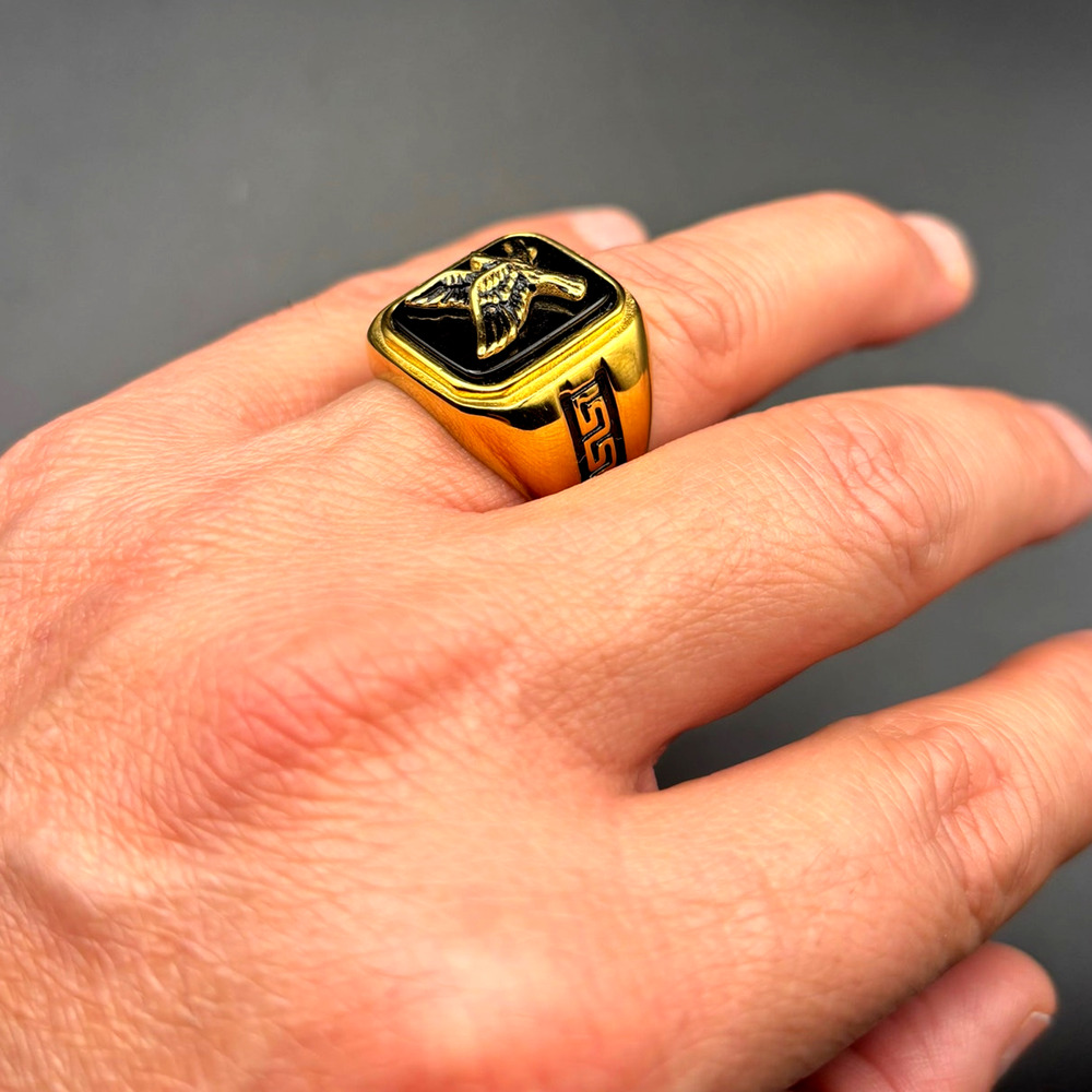 Blackjack BJZ03G Mens Onyx Eagle Ring 18K Gold Plated Stainless Steel NWT SZ#13 - Picture 12 of 16